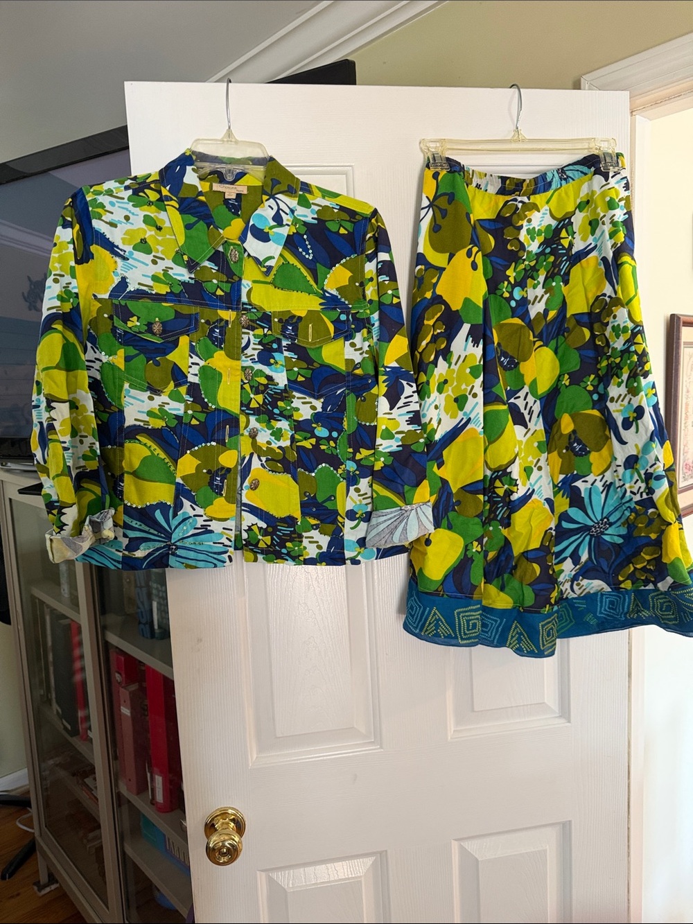 Choices Petite Jacket and Skirt Set-Yellow, Green & Blue